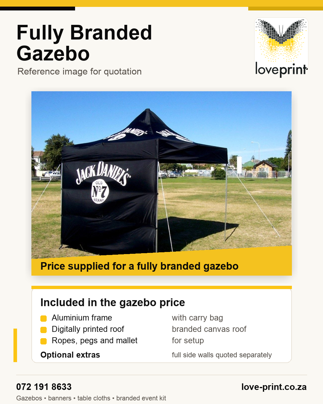 Fully branded gazebo reference for event branding quotations.